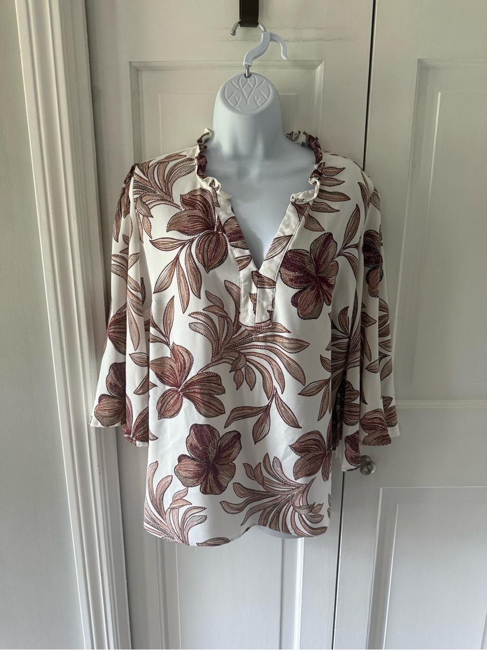 Olivia & Martin Floral Ruffle V-Neck Blouse in Cream and Brown